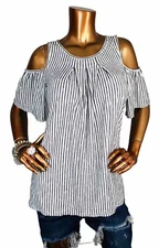 Max Studio M Top NWT $68 Stretch Soft Blouse Striped Cold Shoulder Slv Easy Wear