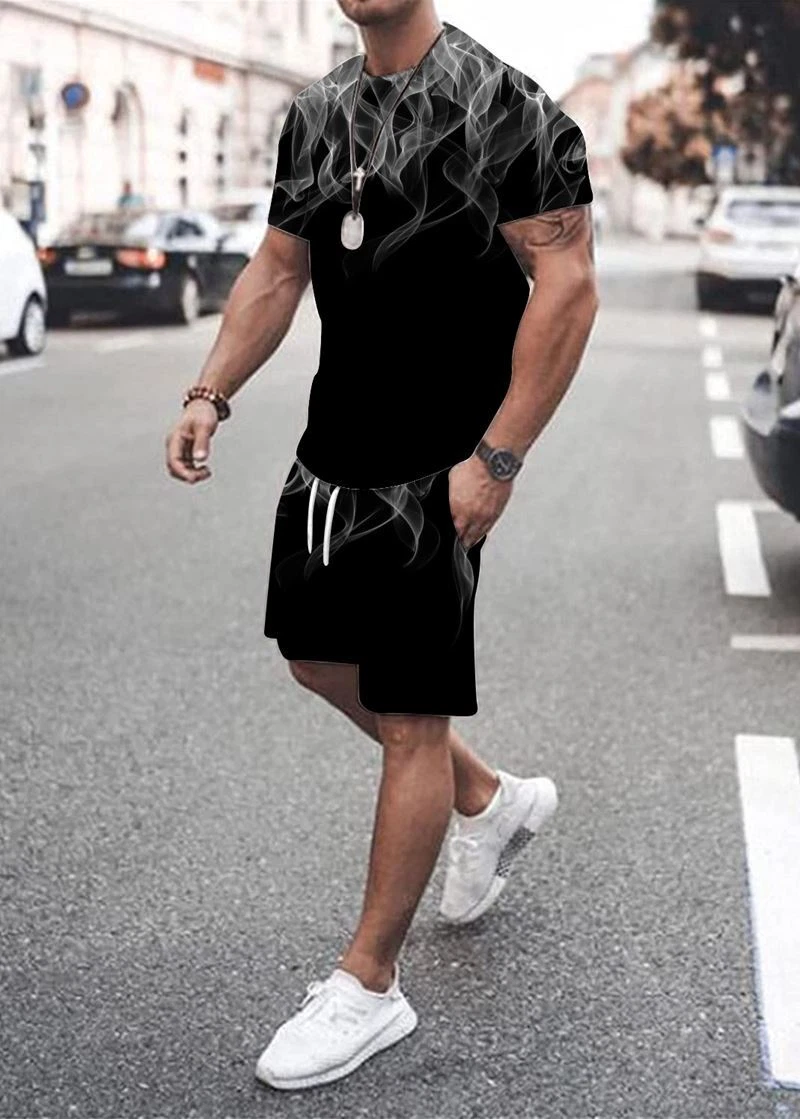 T Shirt Men Fashion Camiseta Soft Short Sleeve Black White Smoke Tee & Short SET