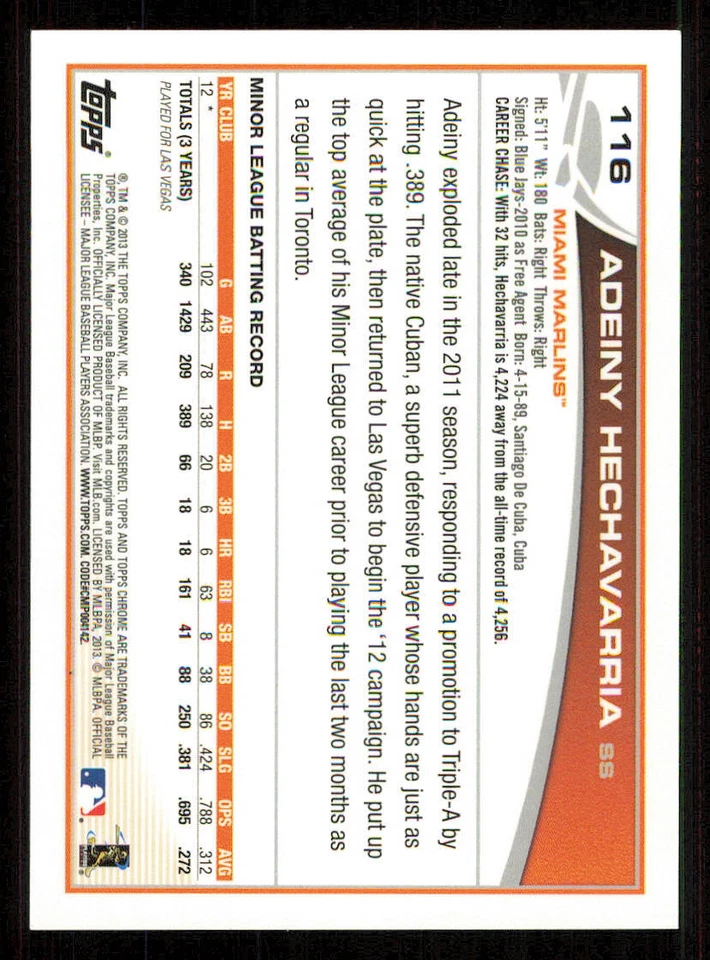 2013 Topps Chrome Rookie AUTO #116 Adeiny Hechavarria - Image 2 of 2