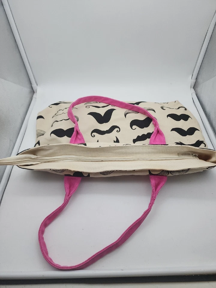 Mustaches Canvas Tote Handbag Bag Shopper 17” x 12” Pink Zipper Lined - Image 4 of 4