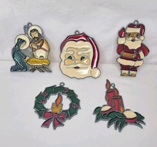 Vintage Stained Glass Style Christmas Ornaments Lot 5 Suncatchers Nativity Santa