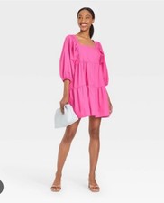 A New Day Pink Tiered Puff Sleeve Dress Size XS S LN