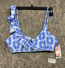 Vineyard Swim Top Beachy Ruffle Blue Padded Size M NWT