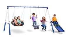 "5-User Swing Set w/ 5ft Wave Slide, Metal Frame Backyard Playground for Kids"