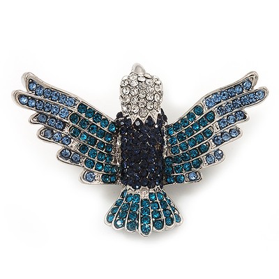 Blaue Swarovski Kristall Brosche ''Fliegender Vogel'' aus rhodiniertem Metall - 5 cm Länge