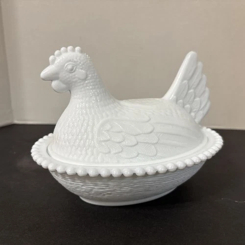 Vintage Indiana Glass White Milk Glass Hen On Nest Candy Dish 7"L