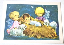 Vintage Christmas Card Post Card Cute Angels Baby Jesus in Manger Lambs