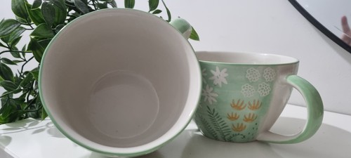 2 Aphorism Hand Painted By Joyye Mugs Cups Green Floral Pattern - Picture 2 of 3