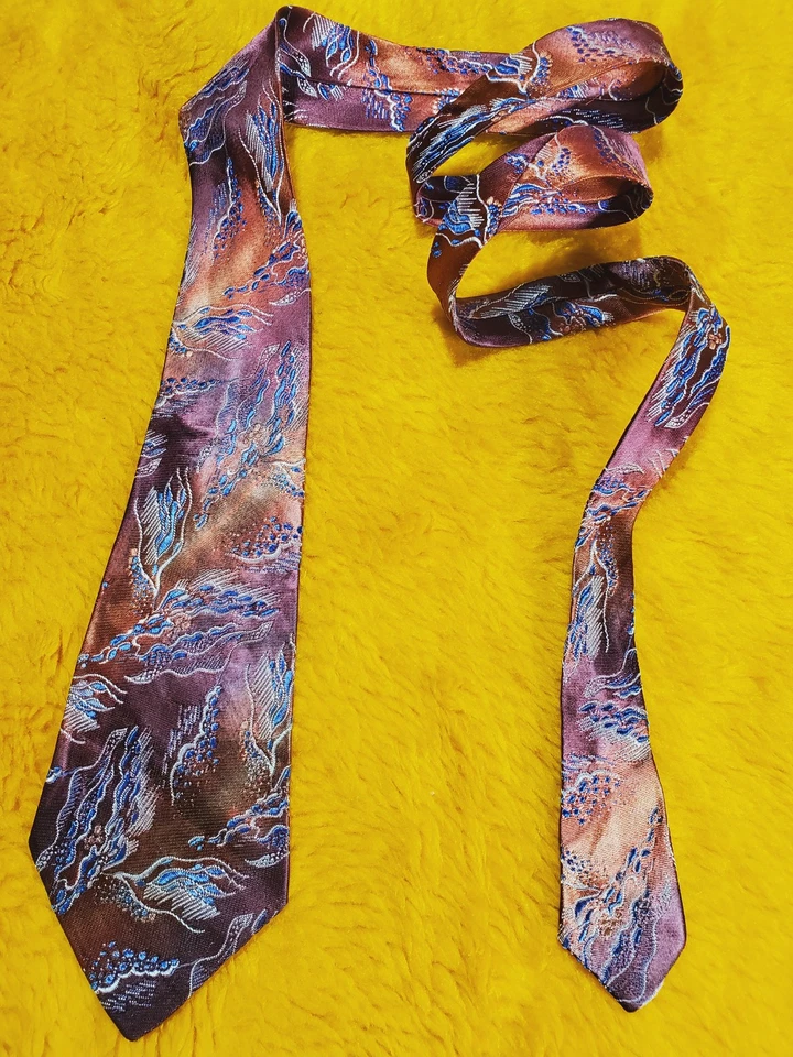 1930s 1940s ANTIGUA VINTAGE ~ CORBATA PARA HOMBRE ~ BROCADO ~ MARRÓN BRONCE Y AZUL ~ 47" Foto 3 de 4