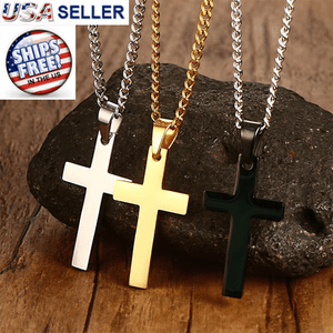 Cross-Pendant-Necklace-Stainless-Steel-Silver-Gold-Crucifix-Men-Women-Cuban-New