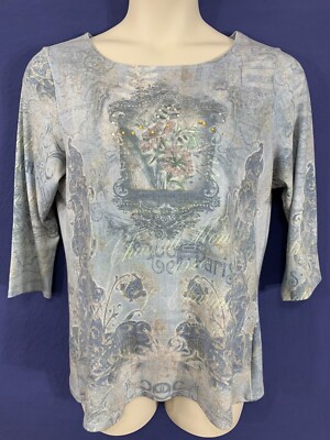 NOTATIONS Plus 1X 16W 18W Blue Polyester Blend Pullover Studded Knit Shirt