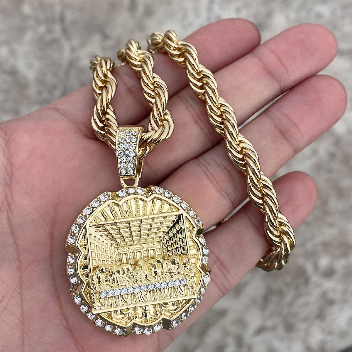 Mens 14k Gold Plated The Last Supper Pendant Rope Chain Medallion