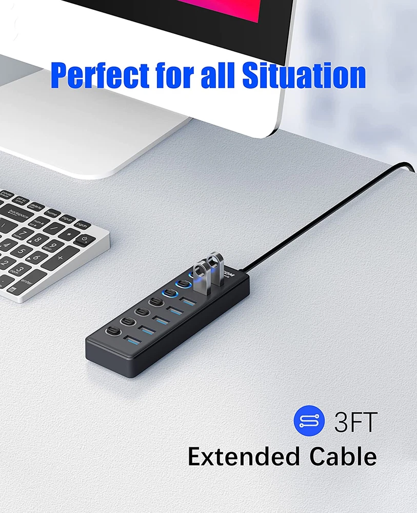 VANOTOM 7-Port USB Hub with LED Lights for Multiple Device Charging