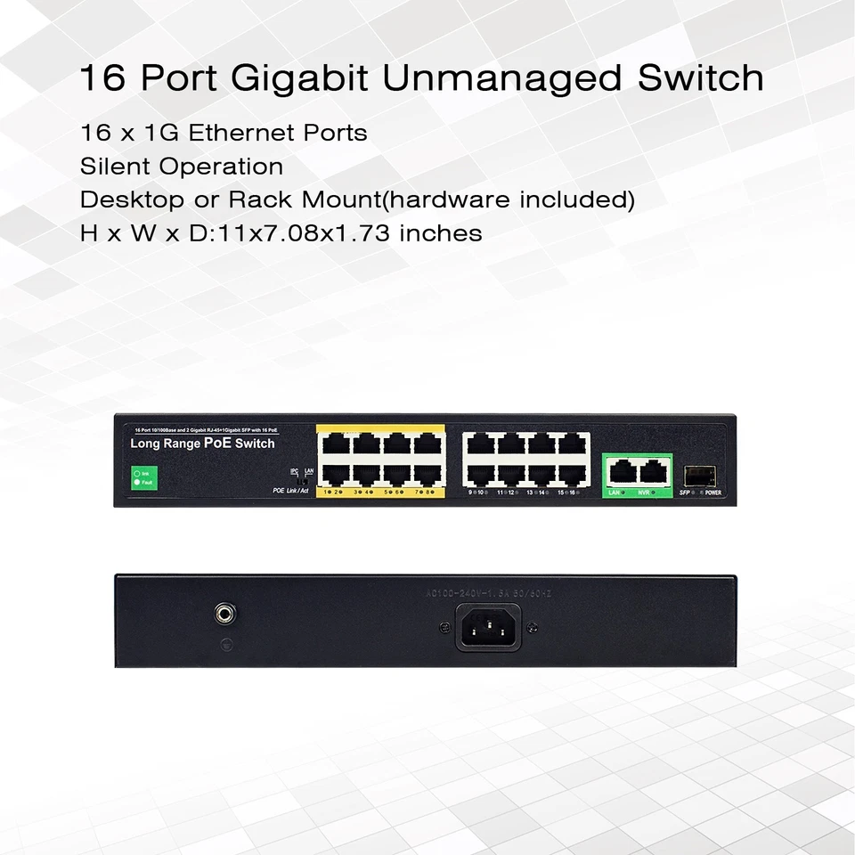 16 Port PoE Switch with 2 Gigabit Uplink Port 250W Power Support IEEE802.3af/at - Image 4 of 4