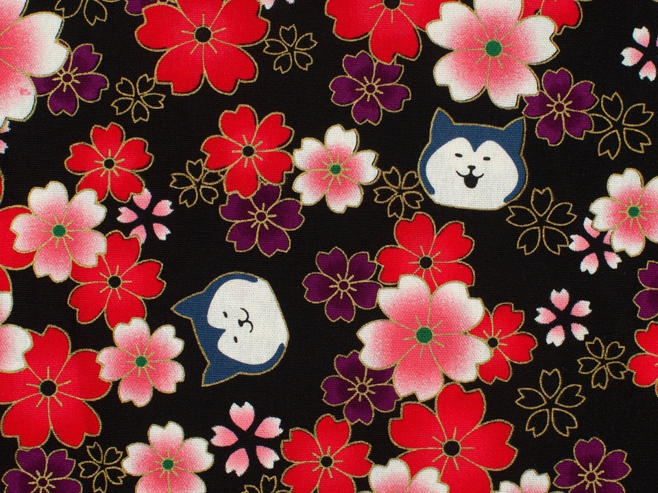 Black Japanese Hachiko Dog And Sakura Fabric Cotton Fat Quarter FQ #F00164 - image 3 of 4