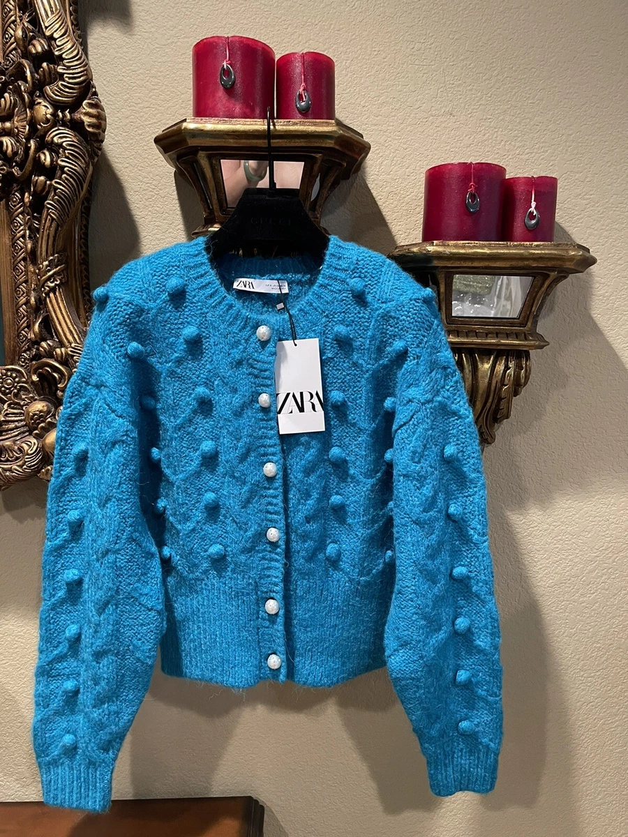 100% Authentic ZARA Blue Knit Pearl Crystal Buttons Cardigan ...