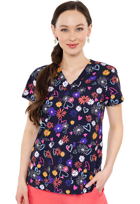 Dotty Floral Med Couture Print Scrub V Neck Top MC8564 DTTL