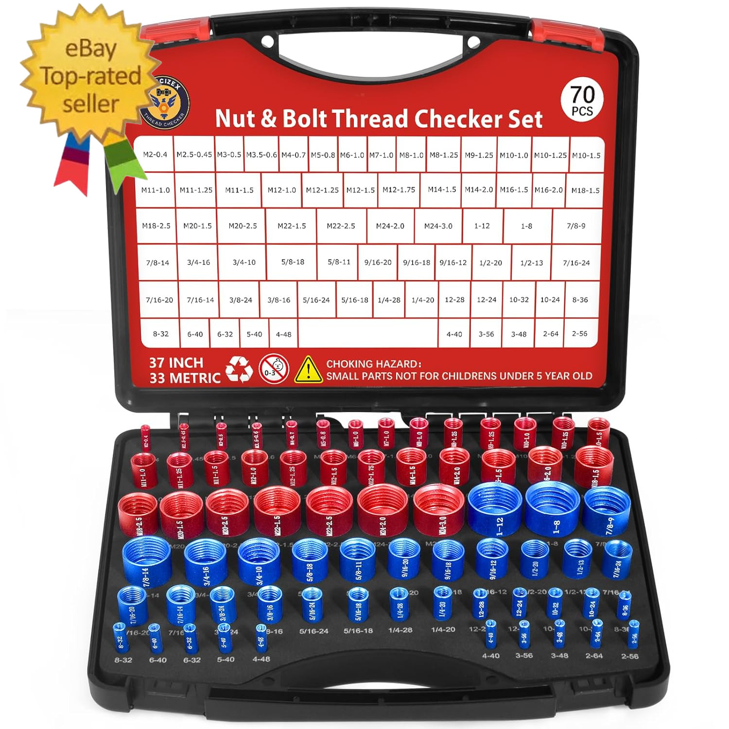70 Pcs Thread Checker Nut and Bolt Thread Checker Set with 37 Inch and 33 Metric