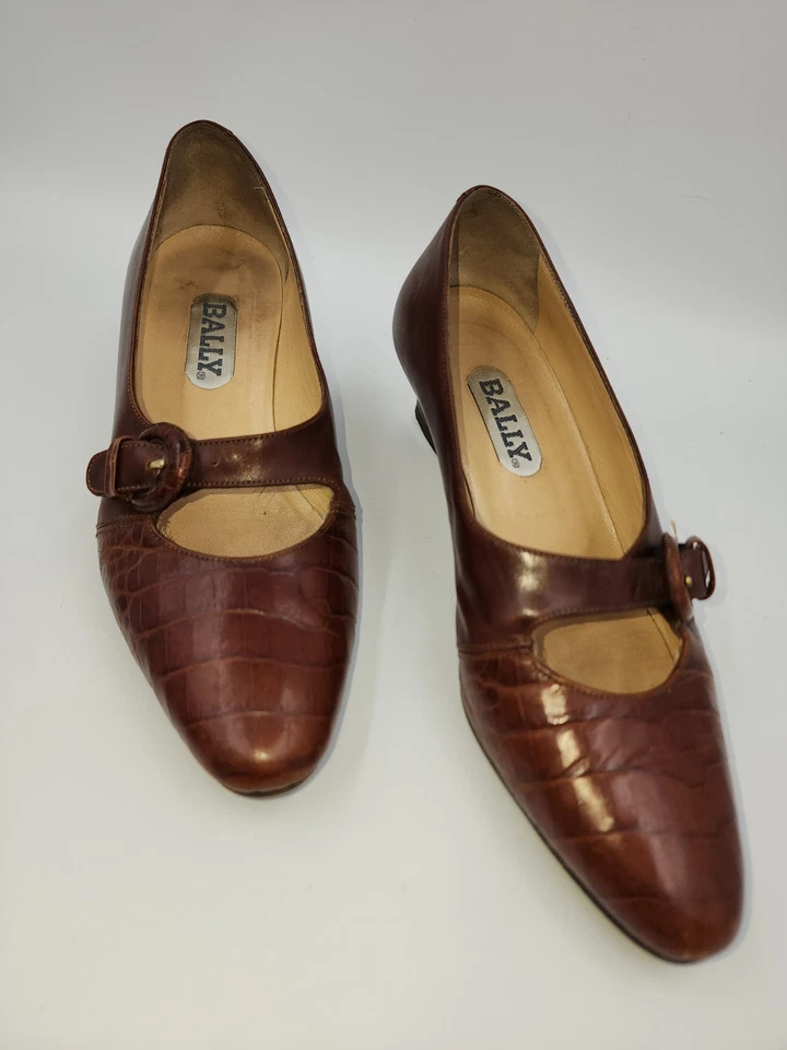 Bally SNAKE BROWN LEATHER Pump Heel Mary Jane Buckle Italy Reptile 4 M - Image 2 of 4