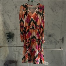 Jade Multicolor Geometric Midi Dress V-Neck Long Sleeve Tassel Tie Size M