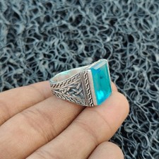 925 Sterling Silver Blue Topaz Gemstone Ring Handmade Anniversary Men's Ring R70