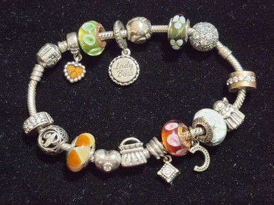 Pandora 8 1/4'' Sterling Silver Bracelet w 17 Fancy ALE Charms Incl 5 Murano Chms
