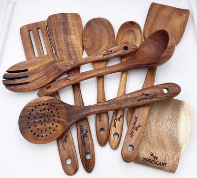   10-teiliges Teakholz Küchenutensilien Set mit Halter & Löffelablage  