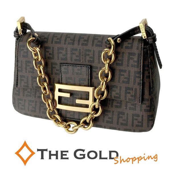 FENDI Mini Mamma Baguette 8BR180 Zucca Brown Bag Gold Chain Strap Dust Bag