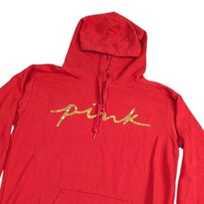 Victoria's Secret PINK Red Gold Foil Script Logo Hoodie Sweatshirt Medium