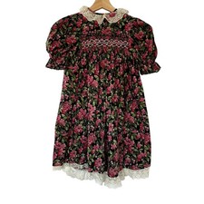 Vintage floral babydoll dress kids M lace ruffles smocked puffed sleeves flaw