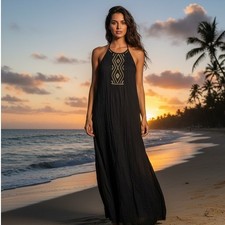St. Roche Maxi Dress Dress Womens Size S Boho Chic Black Gold Beads Flowy Summer