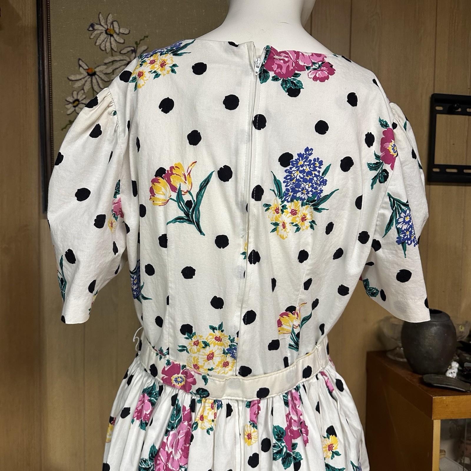 Vtg SL Fashions Dress Size 16 XL Polka Dot Flower Floral Garden Party 80s 90s