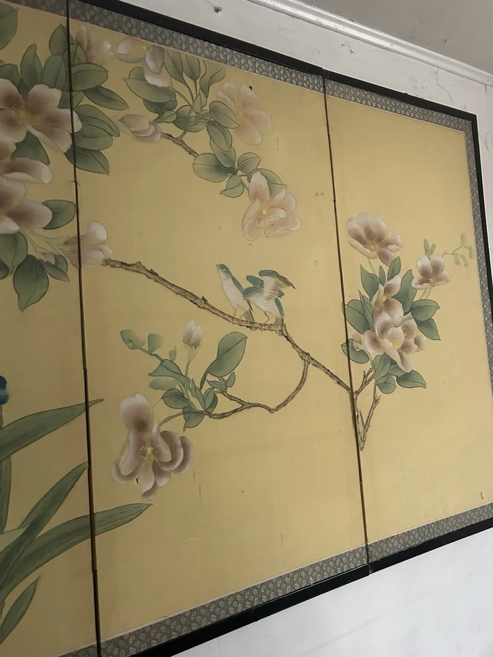 Vintage Asian Art 4 Panel Screen Hand Painted Silk 35 X 60 - Image 4 of 4