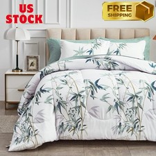 7 Pieces Bed in a Bag Queen Comforter Set with Sheets, Green Leaves on White