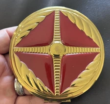 Vintage Gold Tone Red Enamel Compact Mirror 4”