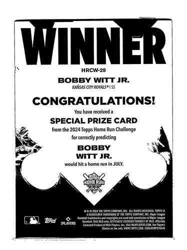 2024 Topps #HRCW-29 Bobby Witt Jr. Home Run Challenge Winners July #/1857 - Picture 2 of 2