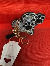 Gold/Black Dog Key Chain Keyring w/ Rhinestone Accents, Tassel Lobster Clasp