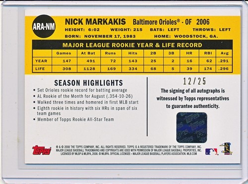 NICK MARKAKIS 2008 TOPPS ALL ROOKIE TEAM #ARA-NM AUTOGRAPH AUTO SP #'D 12/25 - Picture 2 of 2