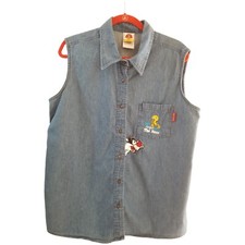 LOONEY TUNES Sleeveless Button Down Denim Shirt Tweety  Slyvester 14/16W VTG