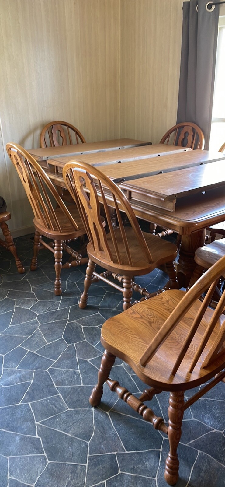 Solid Oak Blonde Dining Room Set 4 Leaves, 8 chairs (seats 16) & Hutch