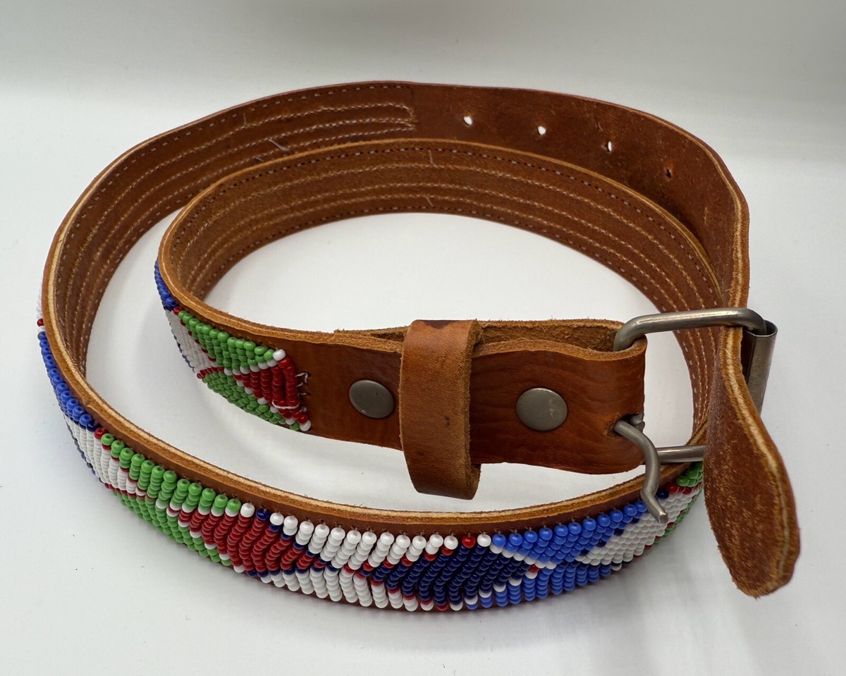 Vintage African Handmade Beaded Leather Belt Size 30-32 