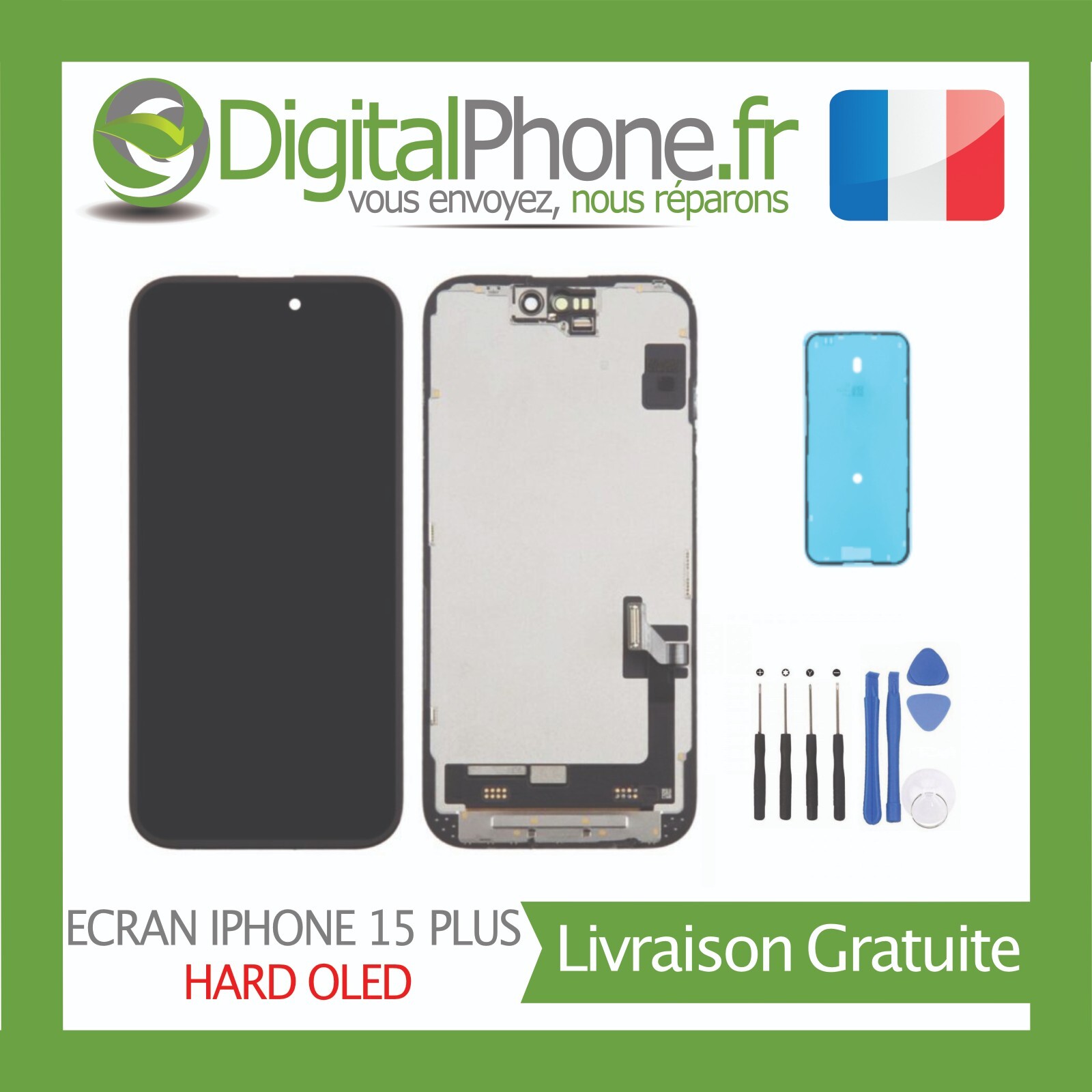 Écran Hard OLED pour iPhone 15 Plus avec outils de réparation et joint d'étanchéité inclus