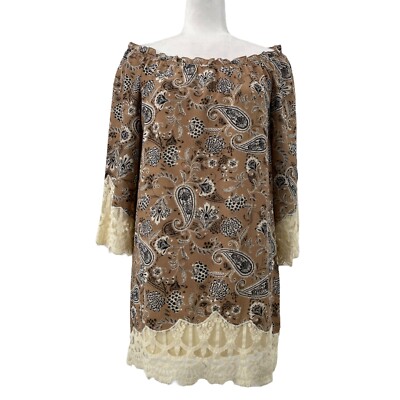 Blu Pepper Lace Trim Paisley Tunic Dress Lined Off Shoulder Brown Ivory Medium | eBay Blu Pepper Lace Trim Paisley Tunic Dress Lined Off Shoulder Brown Ivory Medium | eBay