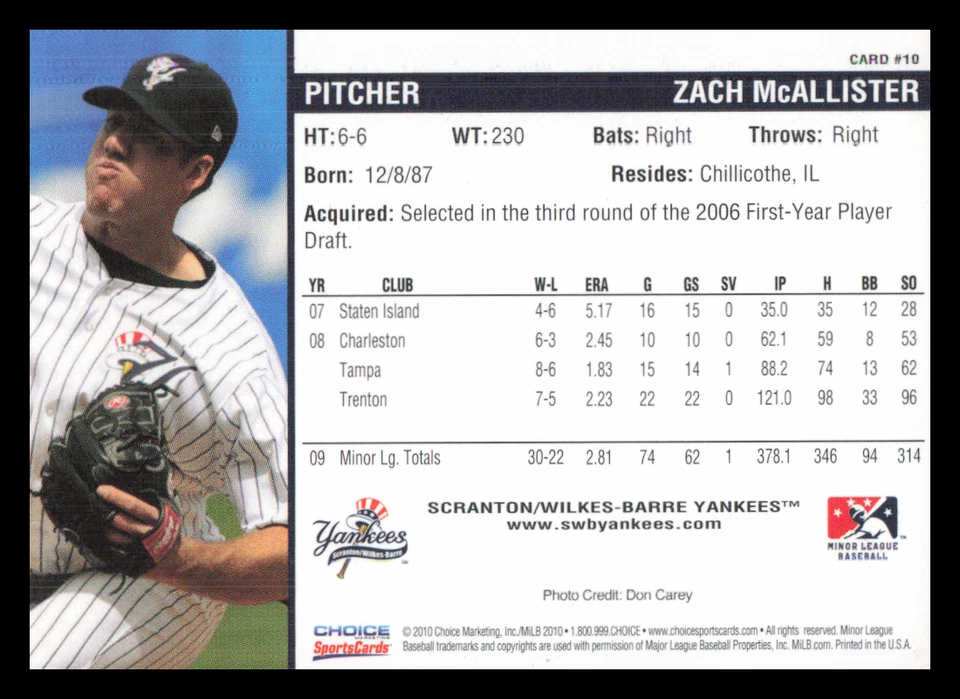 2010 Scranton Yankees ZACH MCALLISTER Signed Card autograph AUTO INDIANS - Image 2 of 2