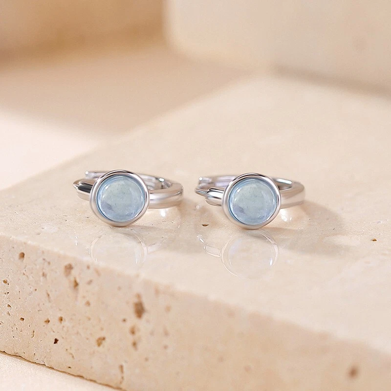 N02 Earrings Hoops With Round Blue Aquamarine Sterling Silver 925 - Image 2 of 4