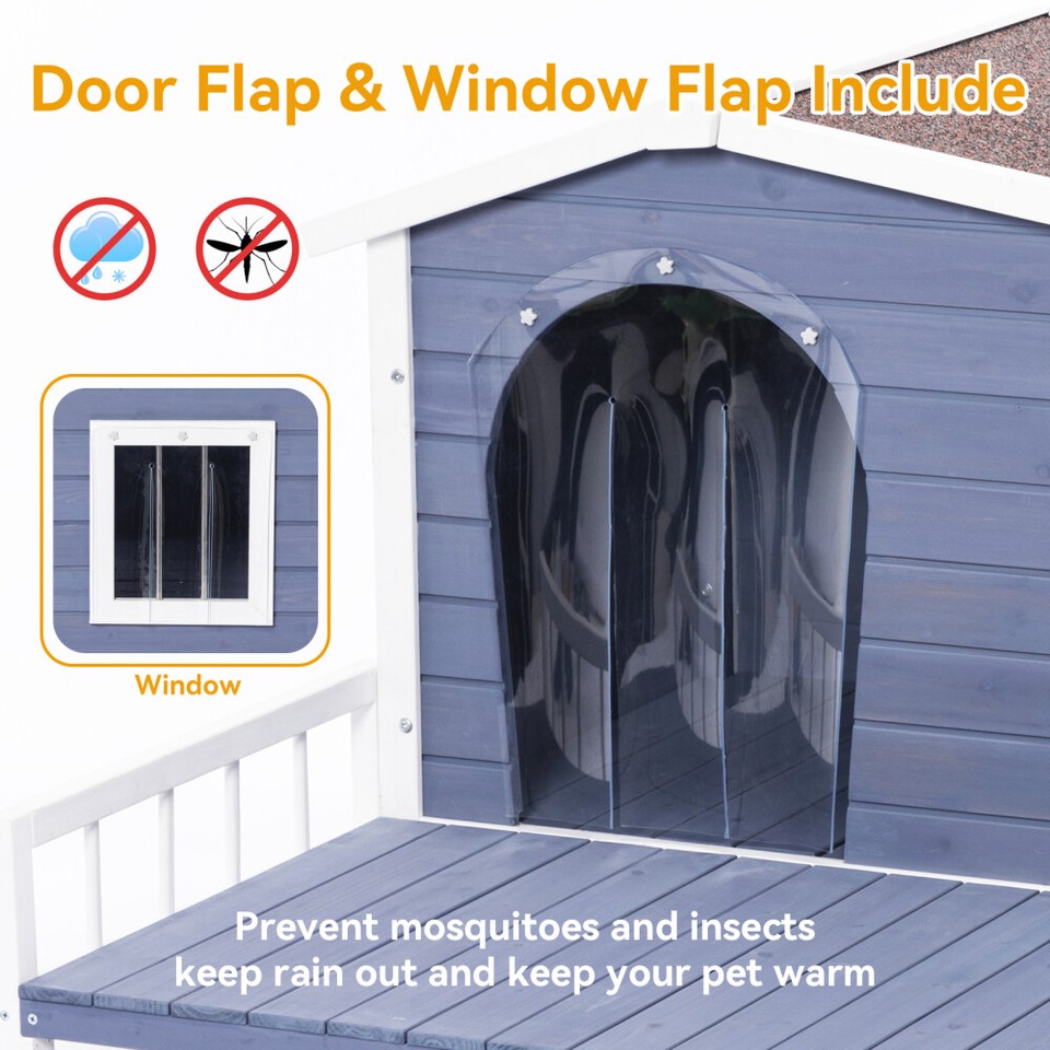 Large Wooden Dog House Indoor Outdoor w/ Terrace Open Waterproof