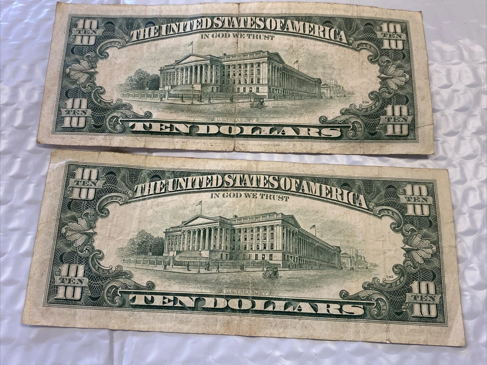 1990 2 $10 Bills VINTAGE Federal Reserve Note B15172952d - L60291924A Repeat N - Image 2 of 4