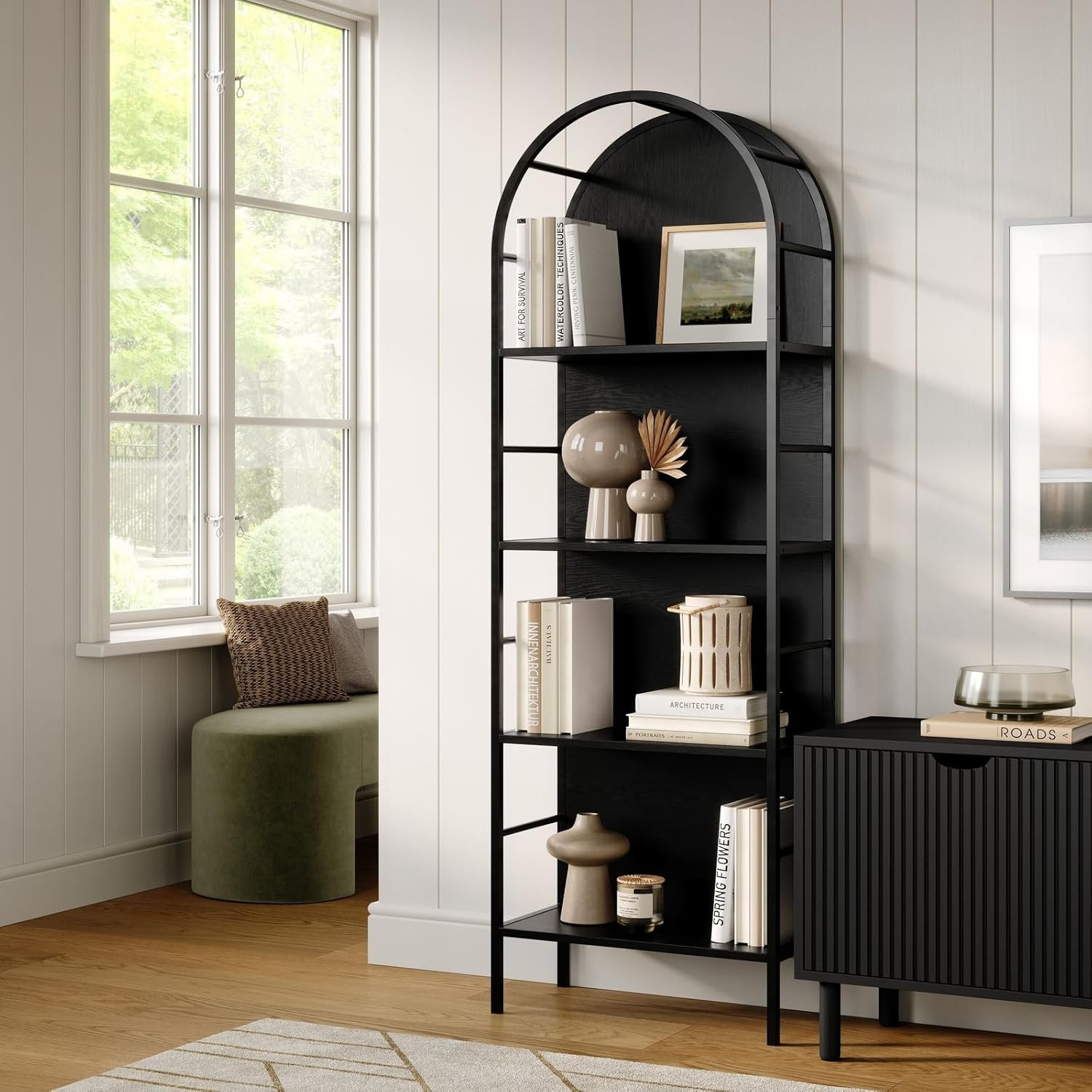 Modern 4-Tier Black Arched Bookshelf with Wood Panel Backing and Shelves
