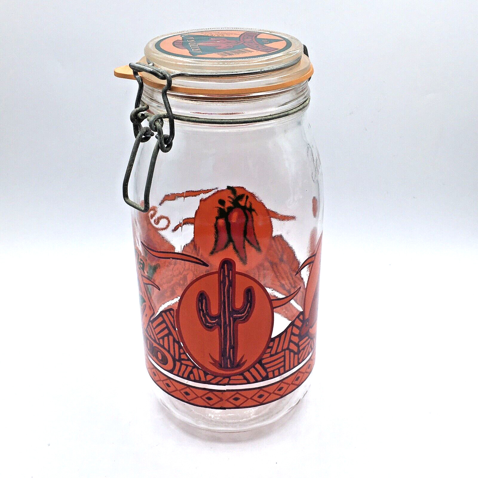 Vtg Arizona Pistachio 2L Glass Hinged Lid Canister Jar SW Cactus Coyote Chili