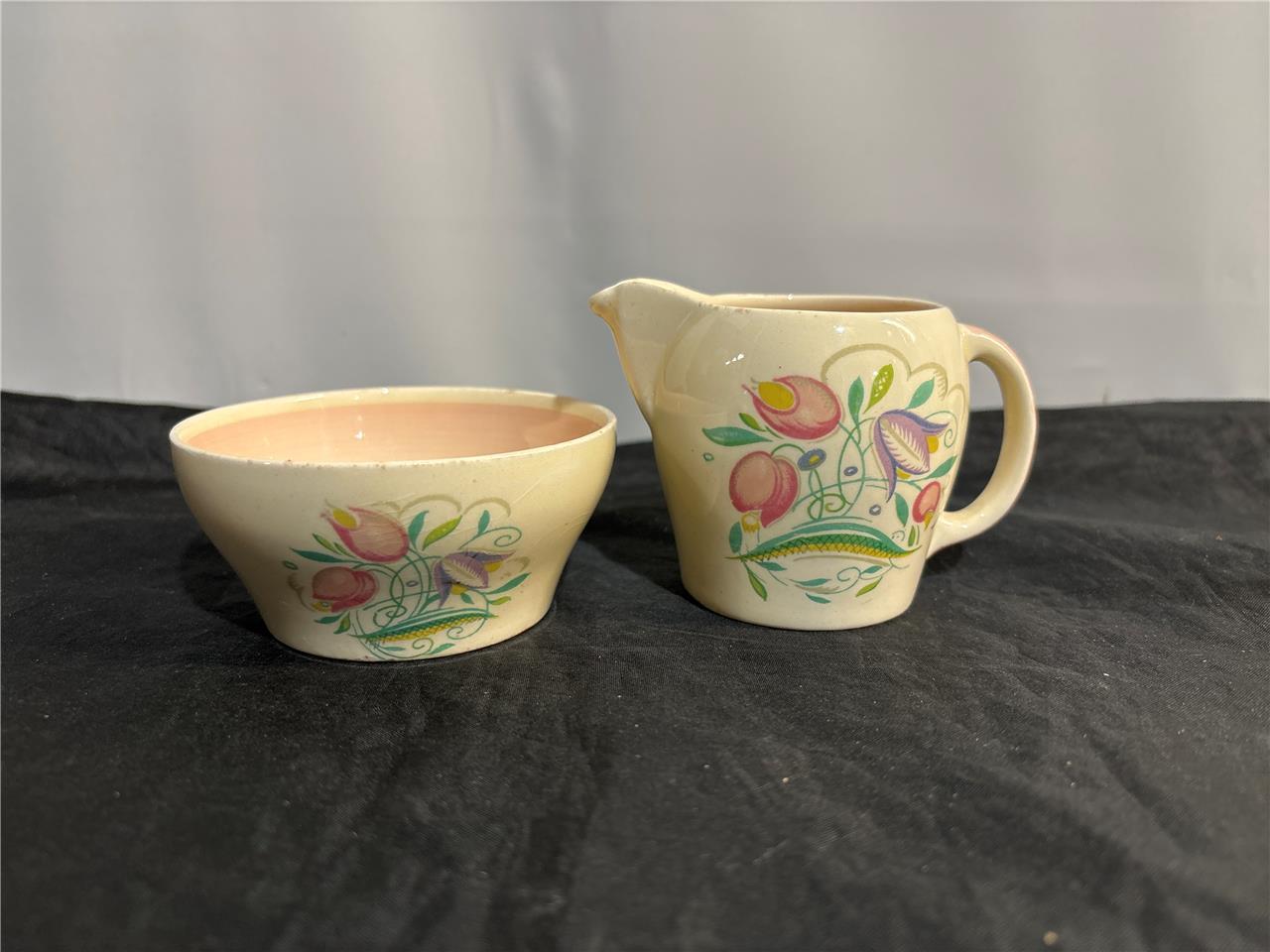 Susie Cooper Crown Works Burslem Dresen Spray Pink Creamer & Sugar Bowl